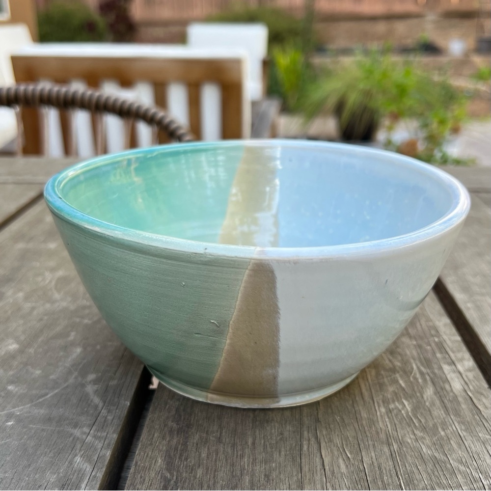 Studio Pottery Half Dipped Glazed Serving Bowl in Green Blue Tan Artist Signed
